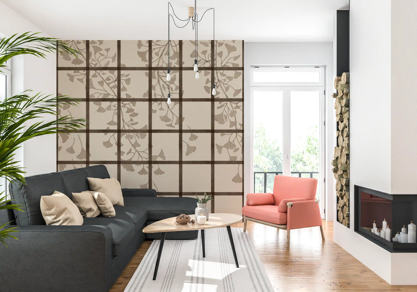 Latticed Japanese shoji screen wall mural set in a living room with ginkgo leaves GD11495