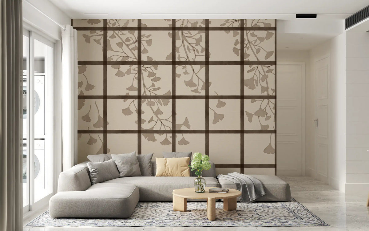 Bamboo-style grid frames ginkgo leaves on the wall mural over a linen ground GD11495