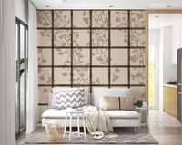 Panelled shoji grid holds ginkgo branches on the wall mural in taupe silhouette GD11495
