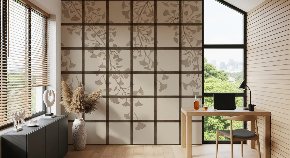 Taupe ginkgo leaves behind a shoji screen wall mural warming a office GD11495