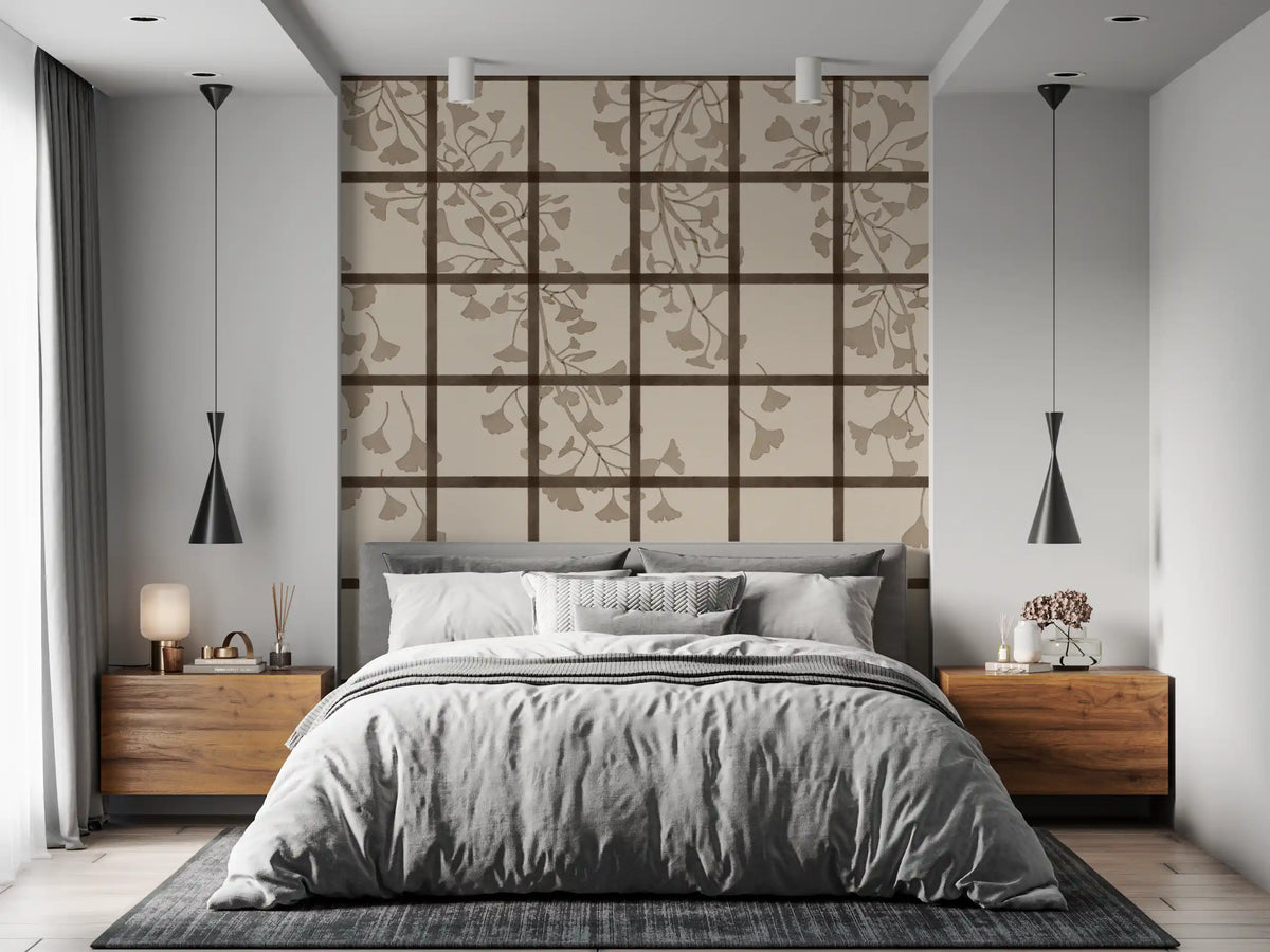 Gridded Japanese shoji ginkgo wall mural lifting a bedroom in cream GD11495
