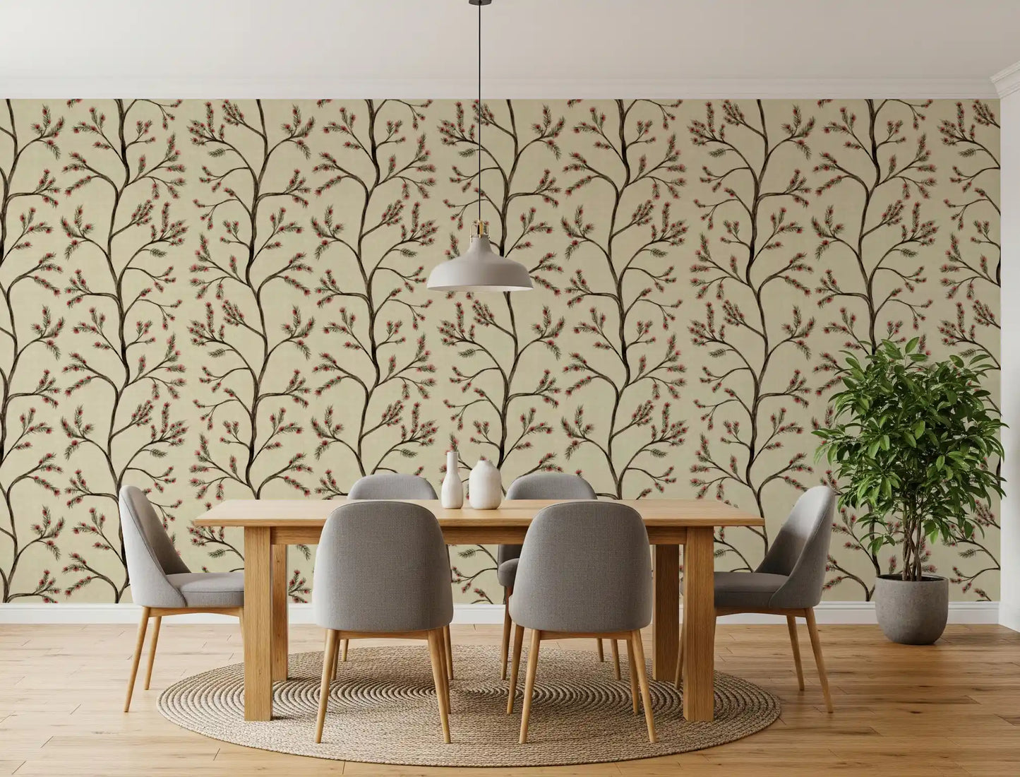 Branches florales asiatiques sur papier peint lin antique⁠