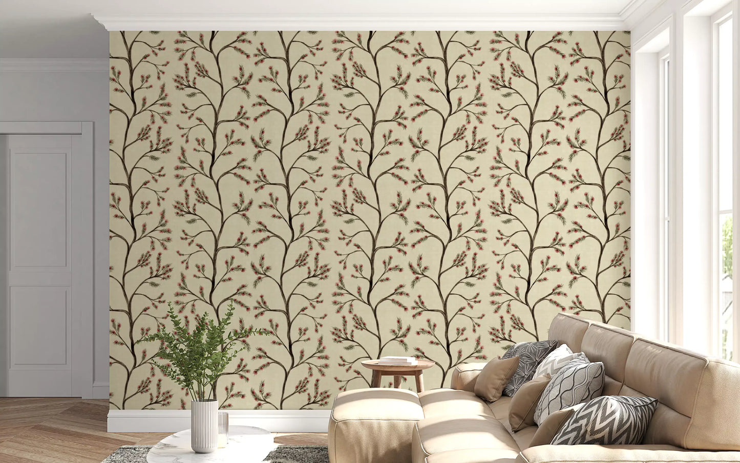 Branches florales asiatiques sur papier peint lin antique⁠