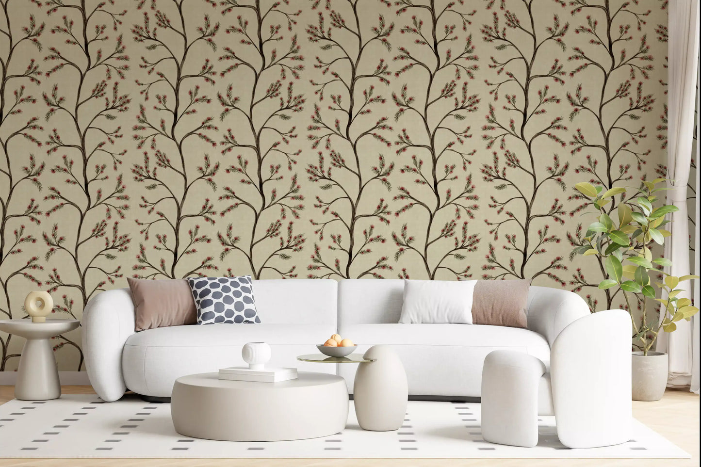 Branches florales asiatiques sur papier peint lin antique⁠