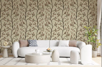 Branches florales asiatiques sur papier peint lin antique⁠