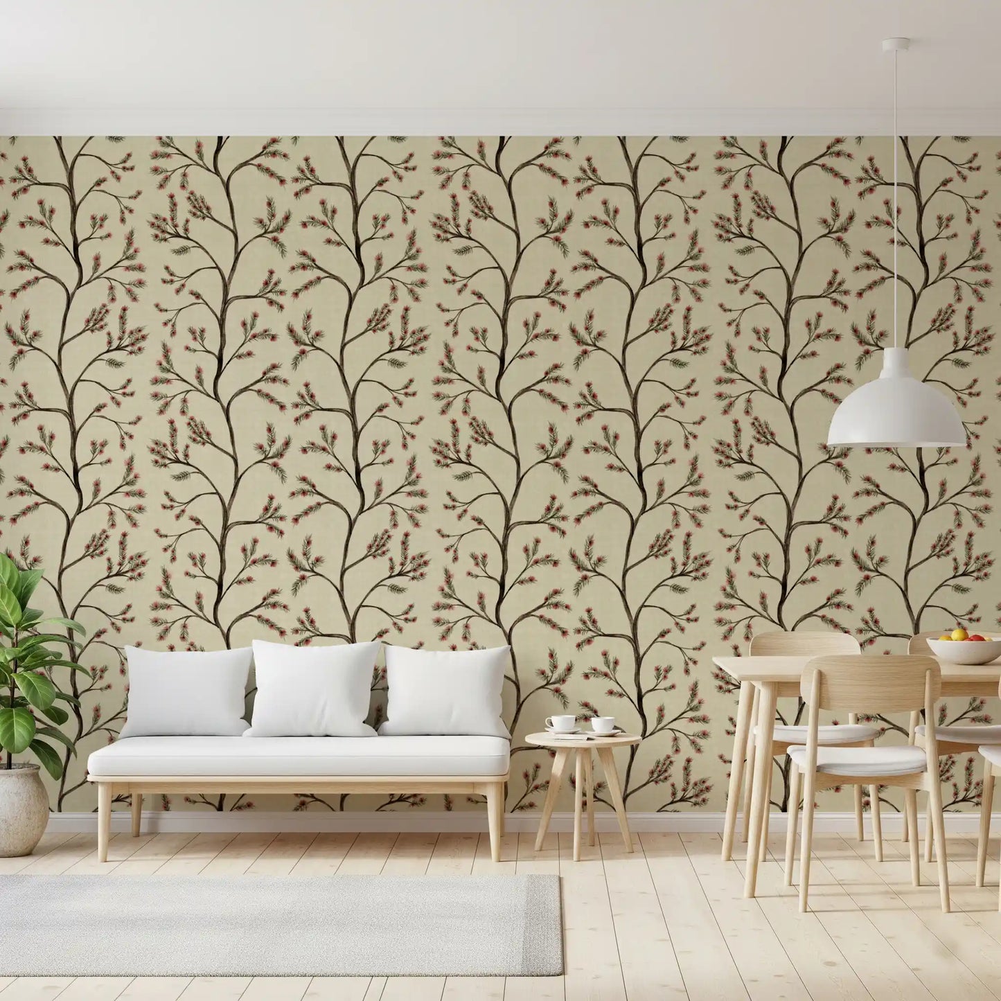 Branches florales asiatiques sur papier peint lin antique⁠