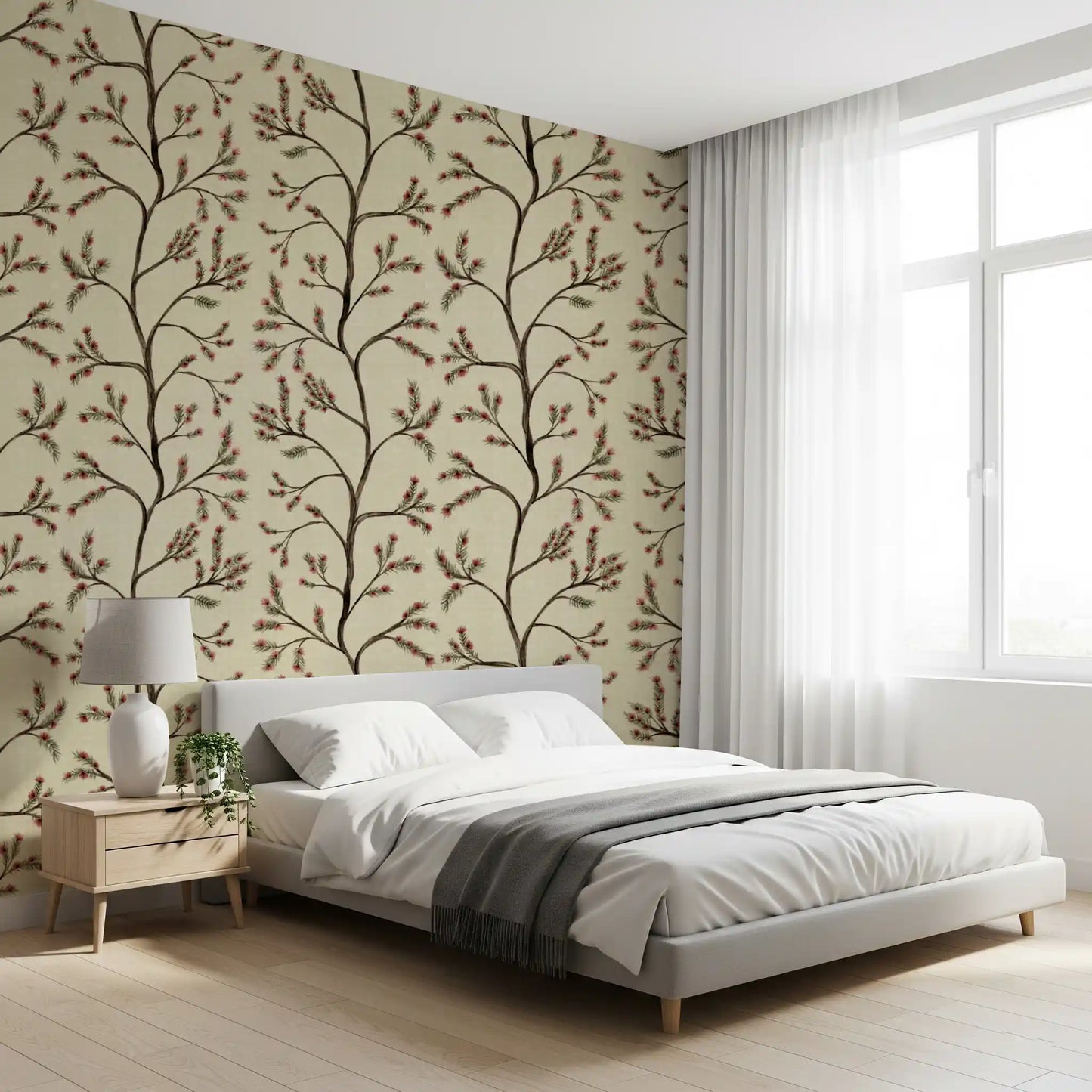Branches florales asiatiques sur papier peint lin antique⁠