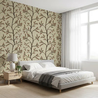 Branches florales asiatiques sur papier peint lin antique⁠