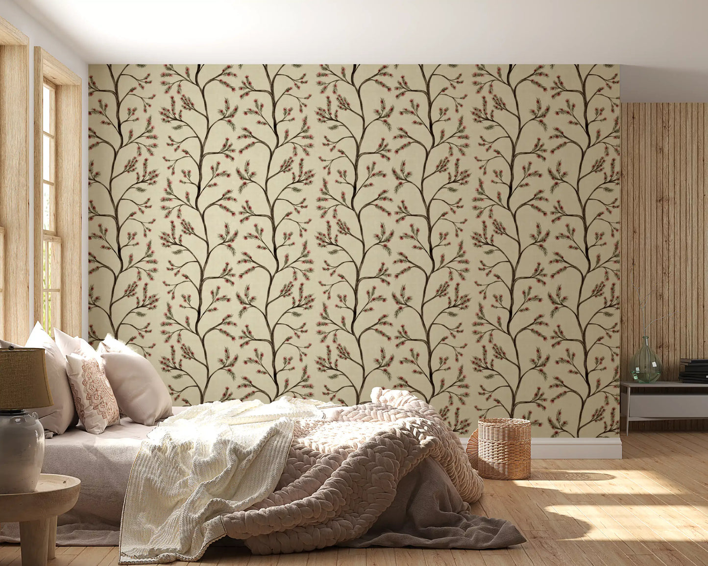 Branches florales asiatiques sur papier peint lin antique⁠