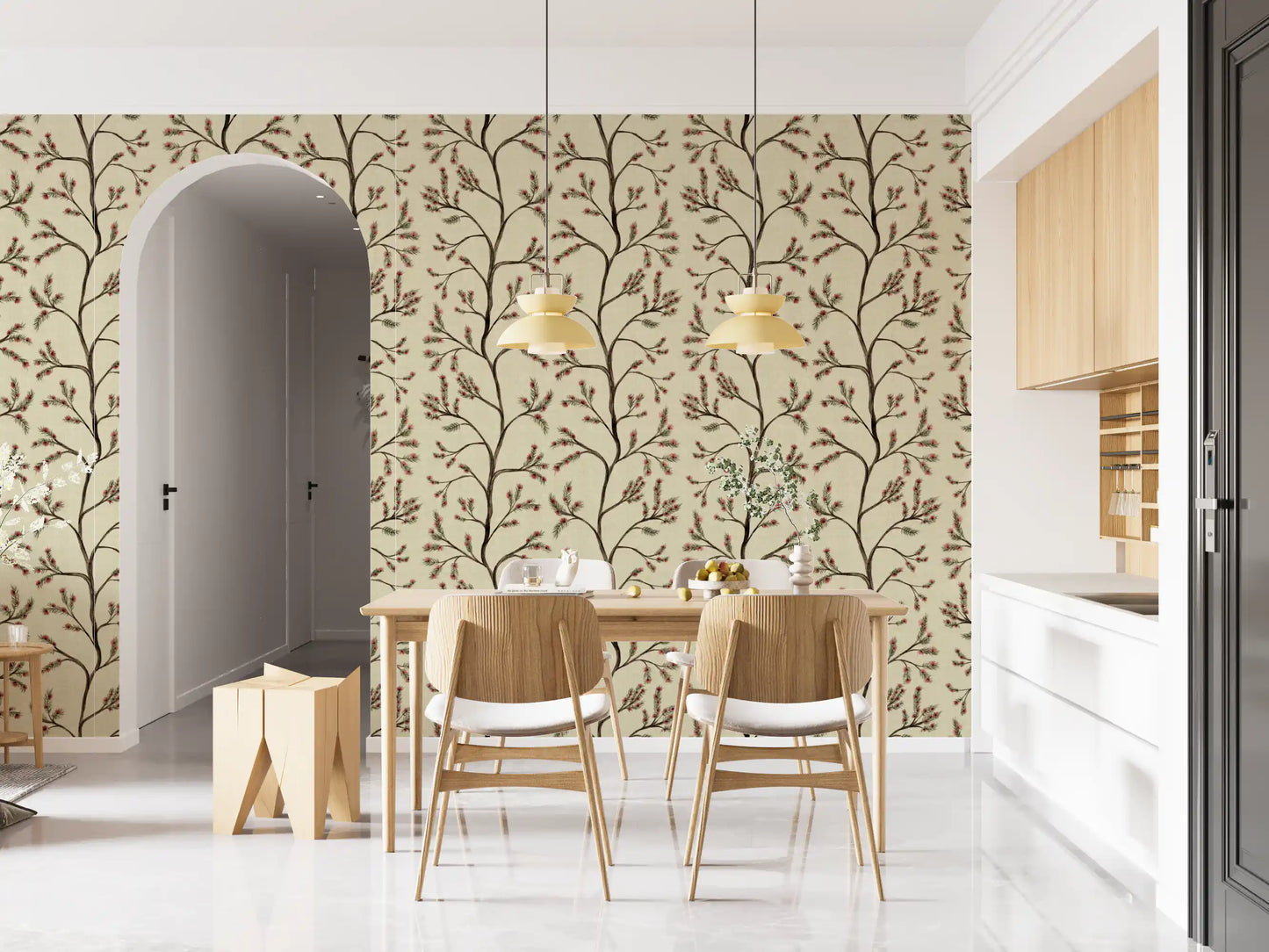 Branches florales asiatiques sur papier peint lin antique⁠