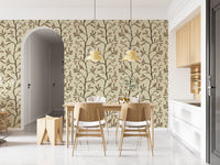 Branches florales asiatiques sur papier peint lin antique⁠