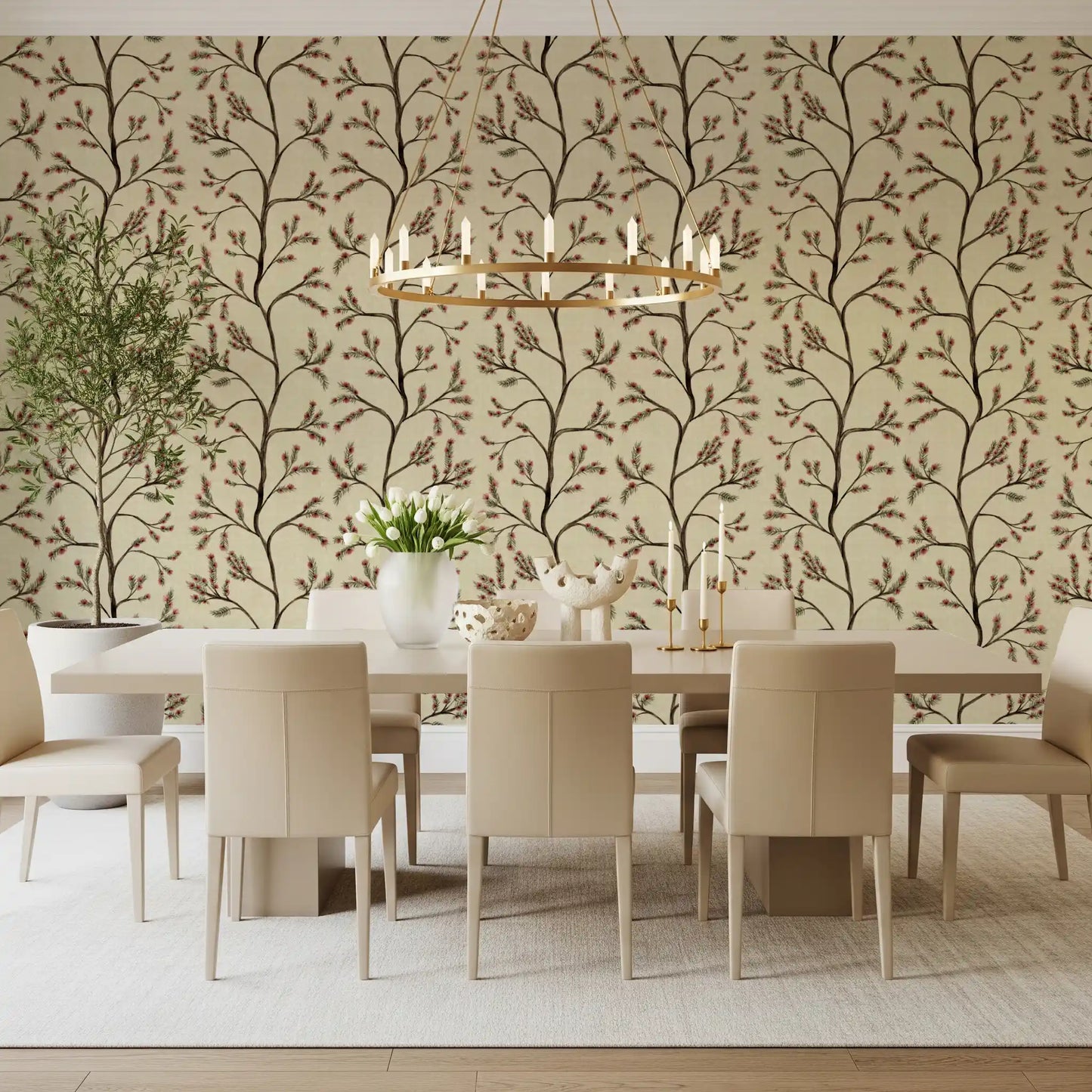 Branches florales asiatiques sur papier peint lin antique⁠