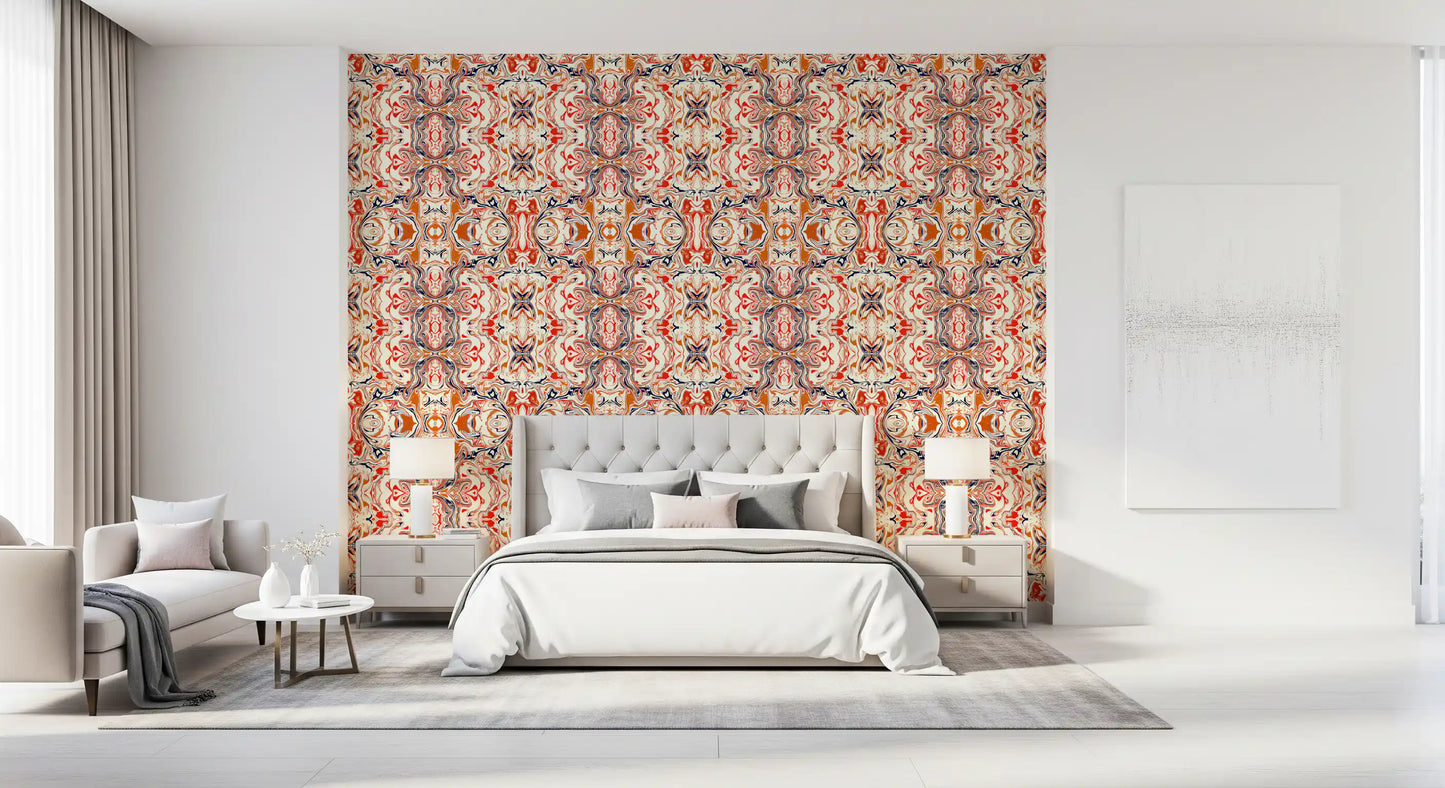 Papier peint ANDORRA Carreau ornemental contemporain orange et rouge