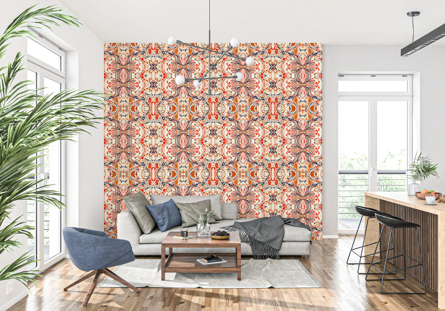 Papier peint ANDORRA Carreau ornemental contemporain orange et rouge
