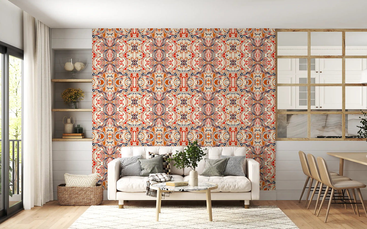 Papier peint ANDORRA Carreau ornemental contemporain orange et rouge