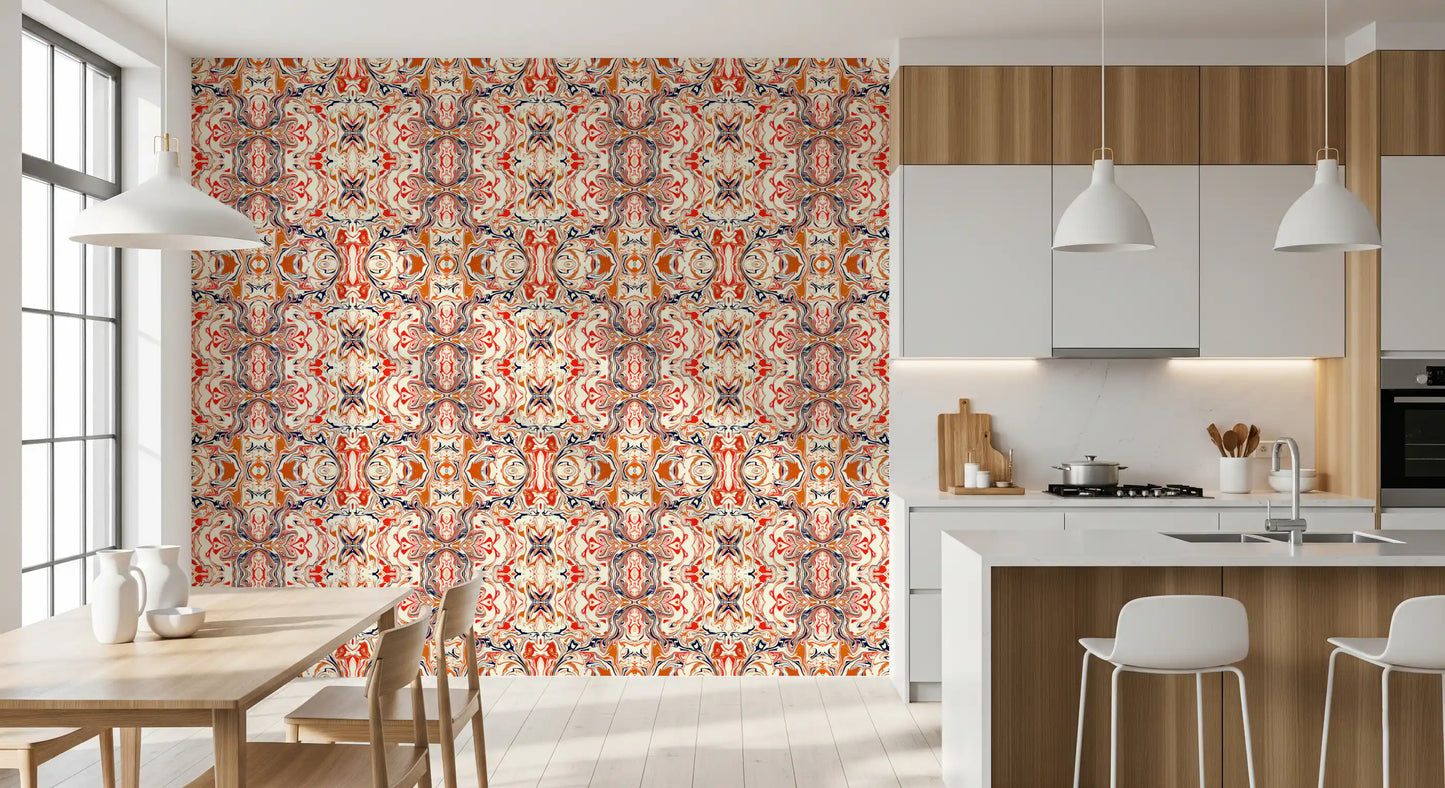 Papier peint ANDORRA Carreau ornemental contemporain orange et rouge