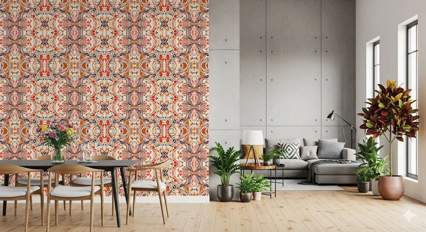 Papier peint ANDORRA Carreau ornemental contemporain orange et rouge