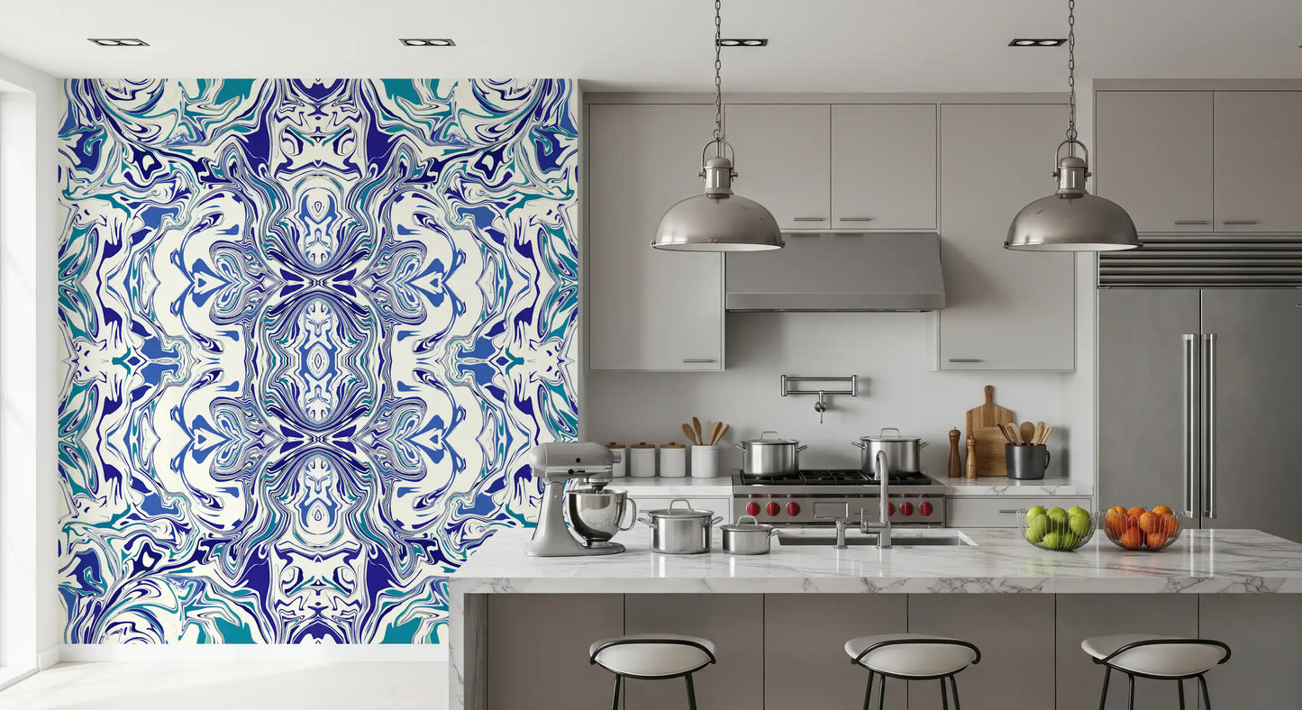 Tapet mural ANDORRA cu model ornamental contemporan albastru și verde teal