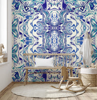 Tapet mural ANDORRA cu model ornamental contemporan albastru și verde teal