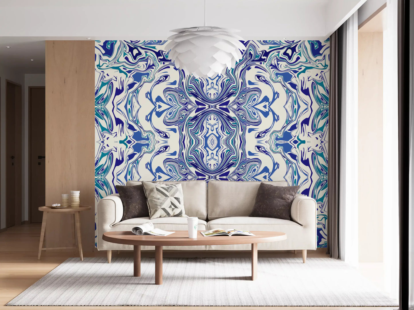 Tapet mural ANDORRA cu model ornamental contemporan albastru și verde teal