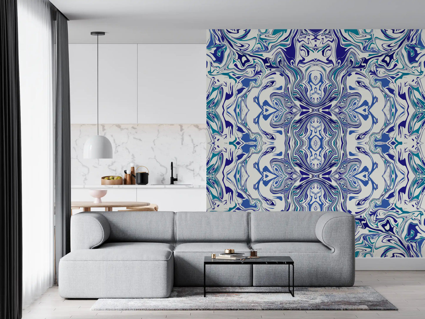Tapet mural ANDORRA cu model ornamental contemporan albastru și verde teal