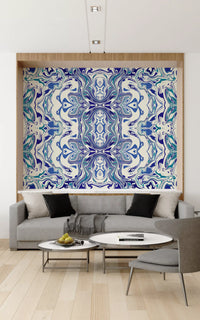 Tapet mural ANDORRA cu model ornamental contemporan albastru și verde teal