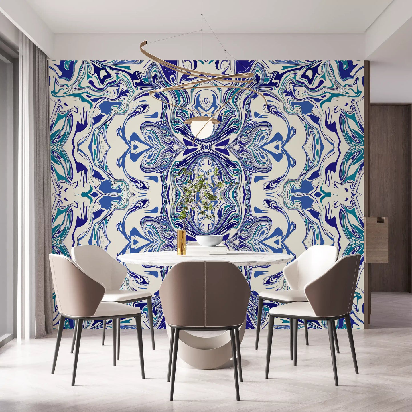 Tapet mural ANDORRA cu model ornamental contemporan albastru și verde teal