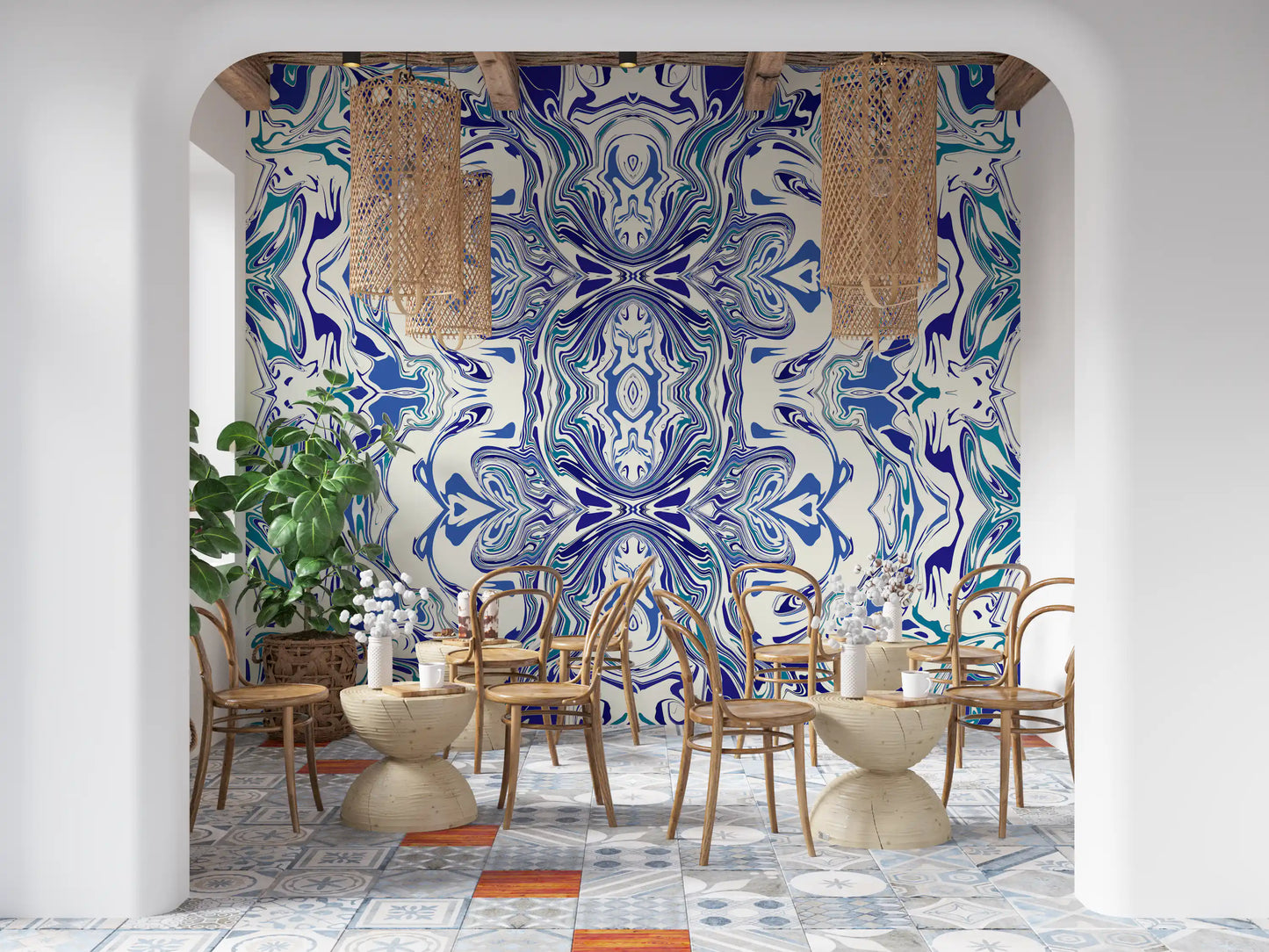 Tapet mural ANDORRA cu model ornamental contemporan albastru și verde teal