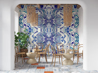 Tapet mural ANDORRA cu model ornamental contemporan albastru și verde teal
