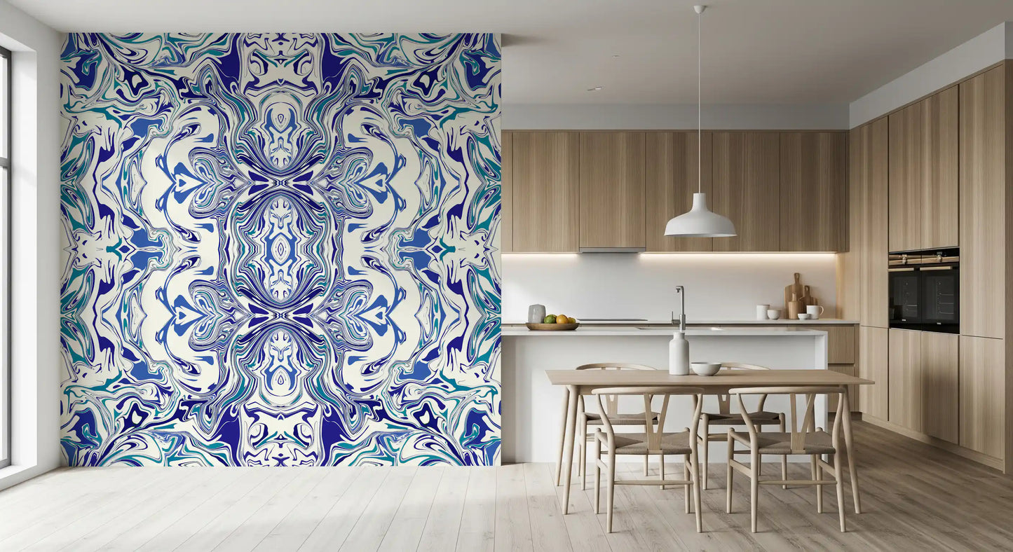 Tapet mural ANDORRA cu model ornamental contemporan albastru și verde teal
