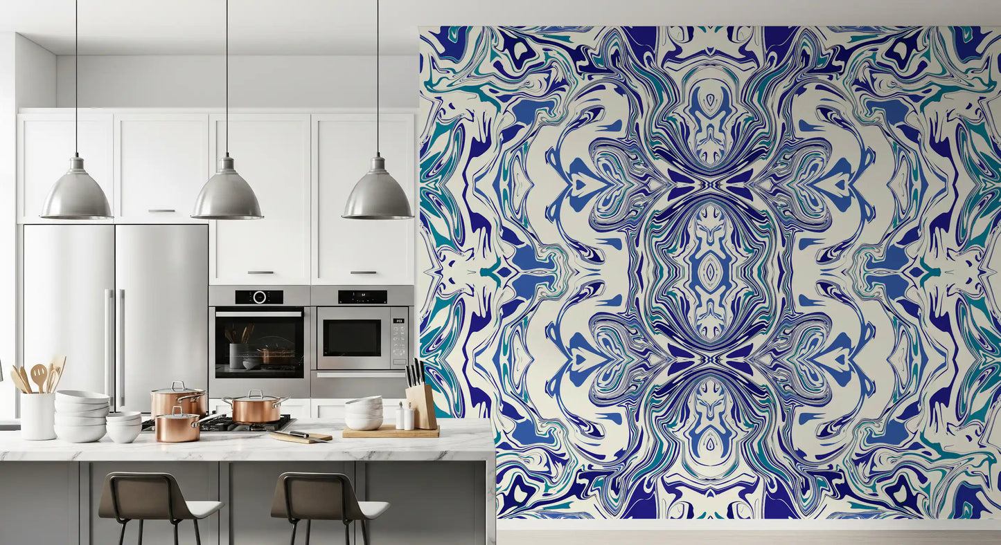 Tapet mural ANDORRA cu model ornamental contemporan albastru și verde teal