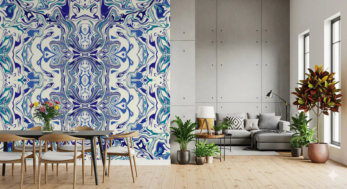 Tapet mural ANDORRA cu model ornamental contemporan albastru și verde teal