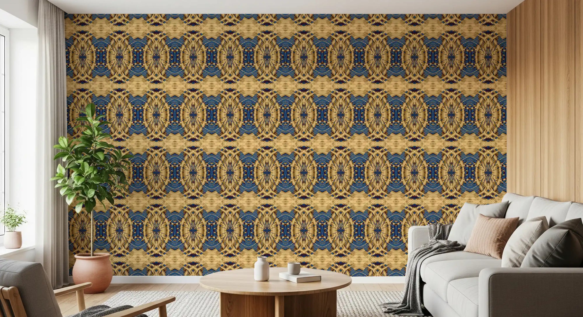 Cobalt blue and gold medallion wallpaper styling a living room GD11502