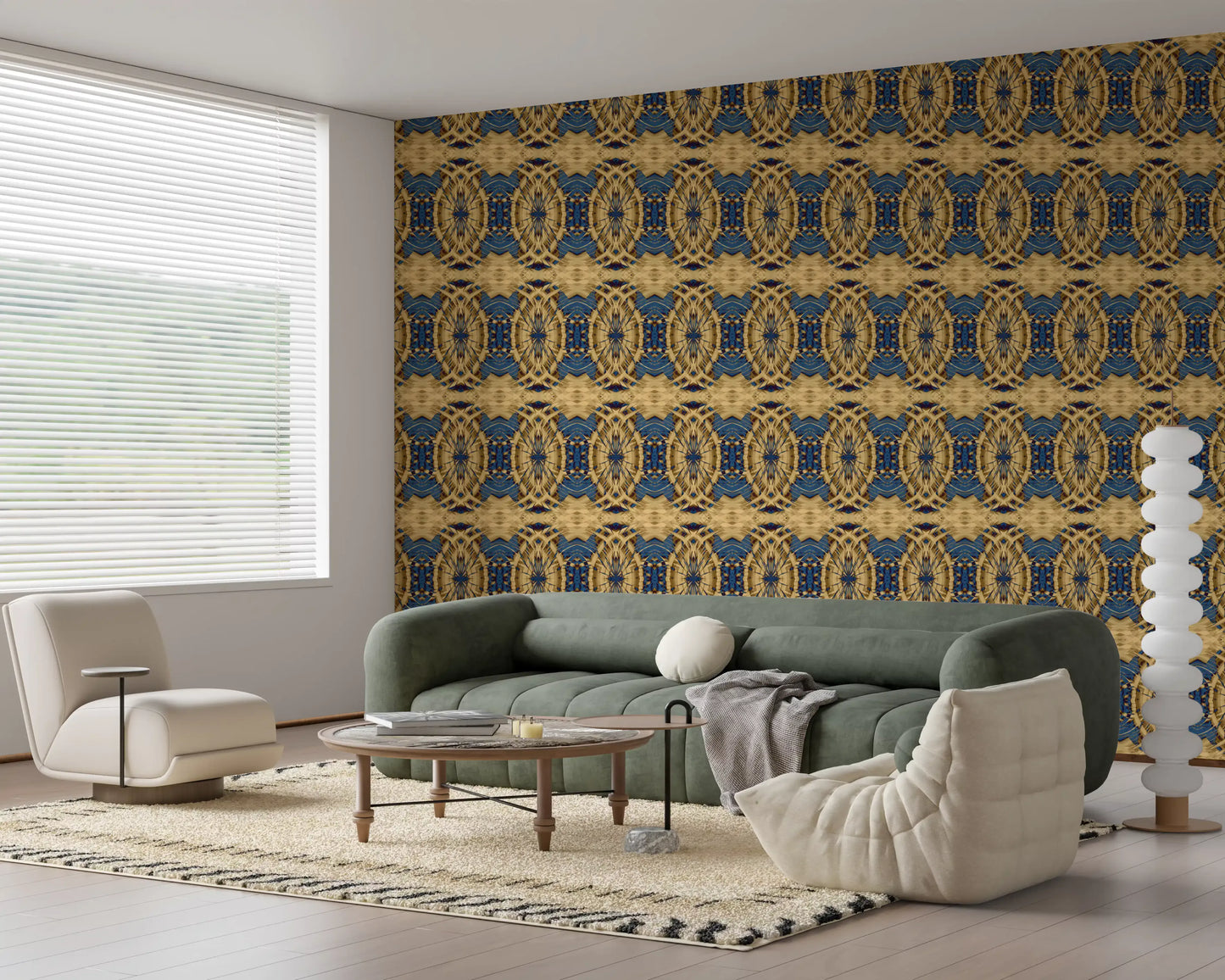 Carta da parati MOSQUITO con medaglione geometrico retrò blu cobalto e giallo⁠
