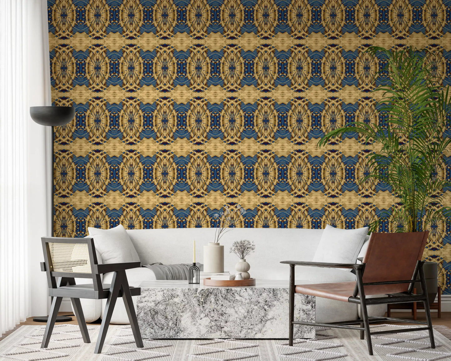 Carta da parati MOSQUITO con medaglione geometrico retrò blu cobalto e giallo⁠