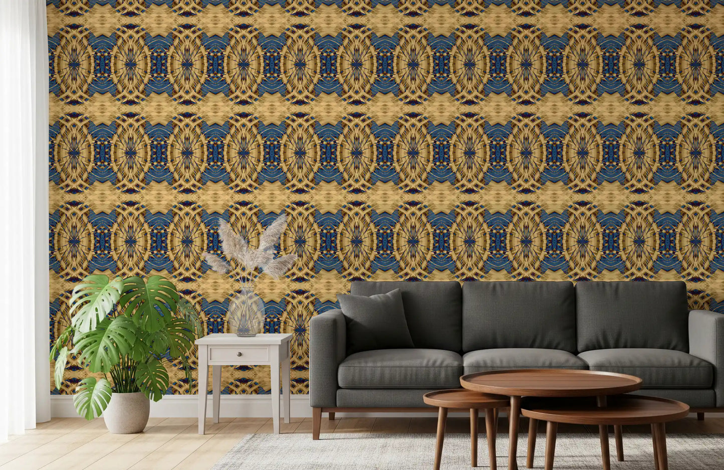 Carta da parati MOSQUITO con medaglione geometrico retrò blu cobalto e giallo⁠