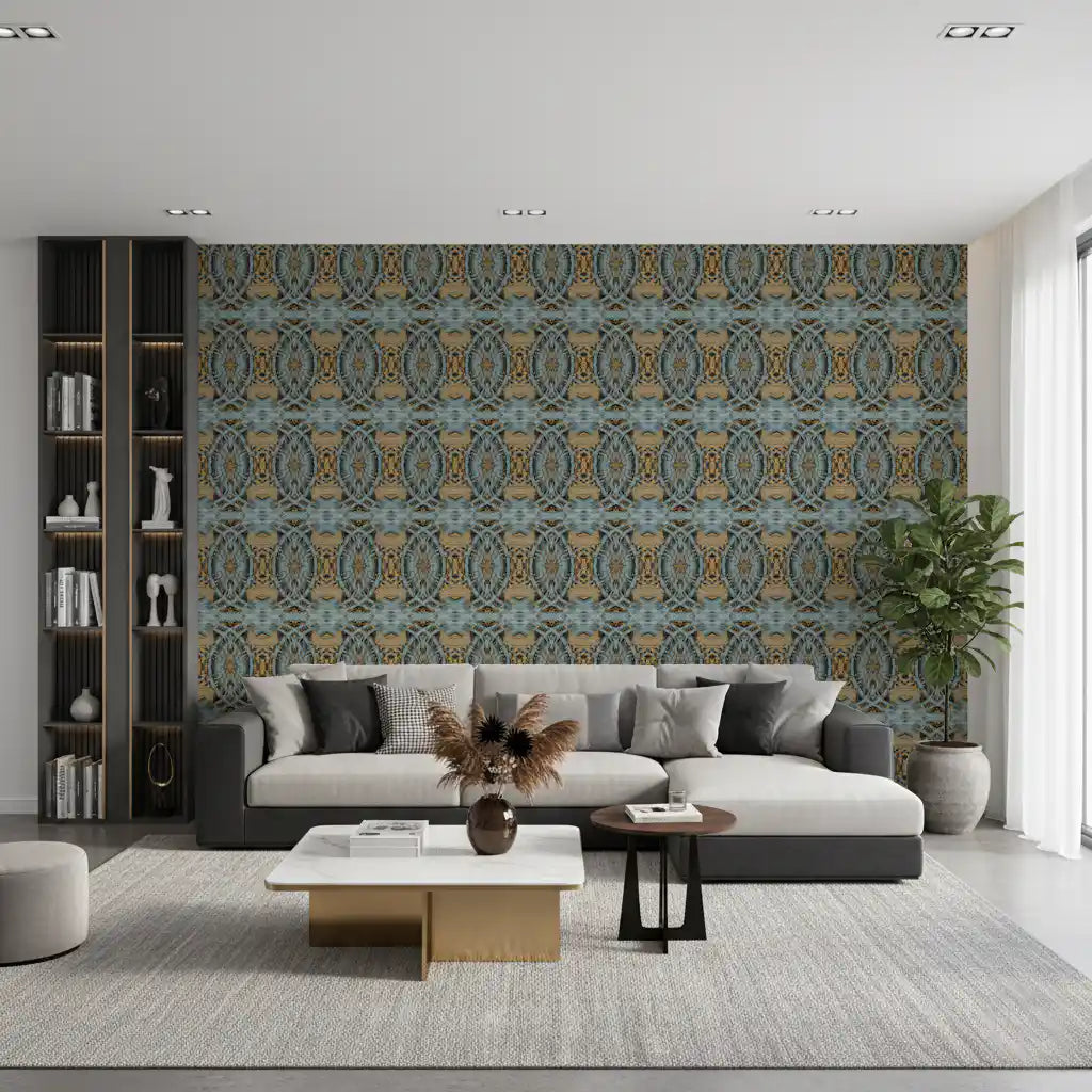 Blue Gray & Camel Retro Geometric Medallion - MOSQUITO Wallpaper⁠