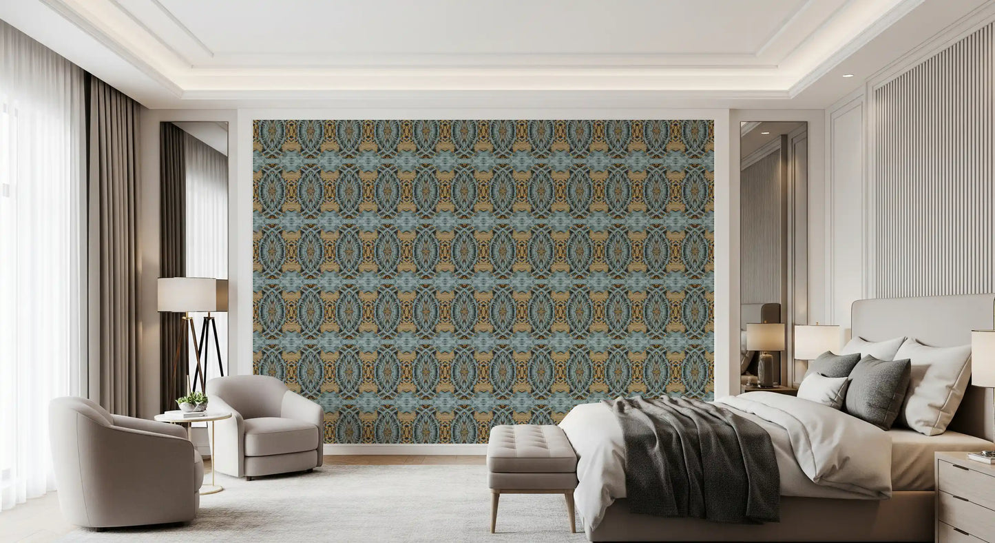 Blue Gray & Camel Retro Geometric Medallion - MOSQUITO Wallpaper⁠