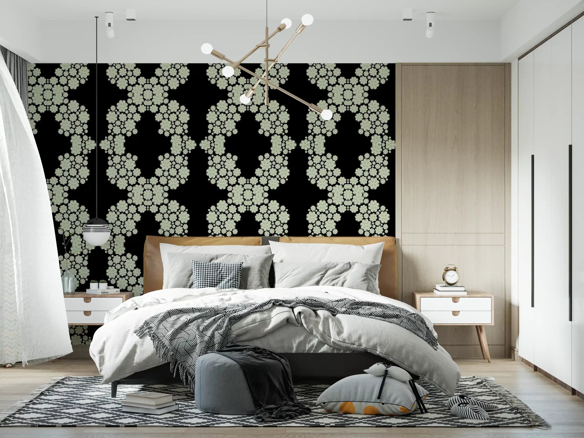 Black and ivory floral trellis wallpaper styling a bedroom GD11504
