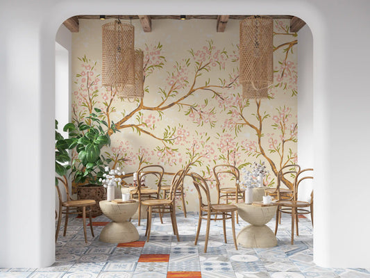Wall mural lifts a cafe area with Pink Blossoms and green leaves GD11507

