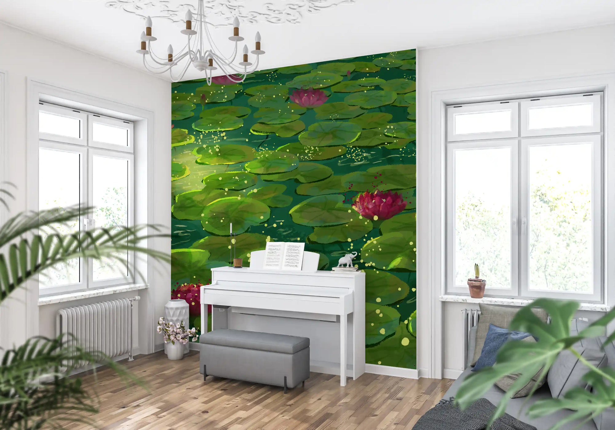 Wall mural fills a calm hallway with the Magical Lily Pond in green GD11509
