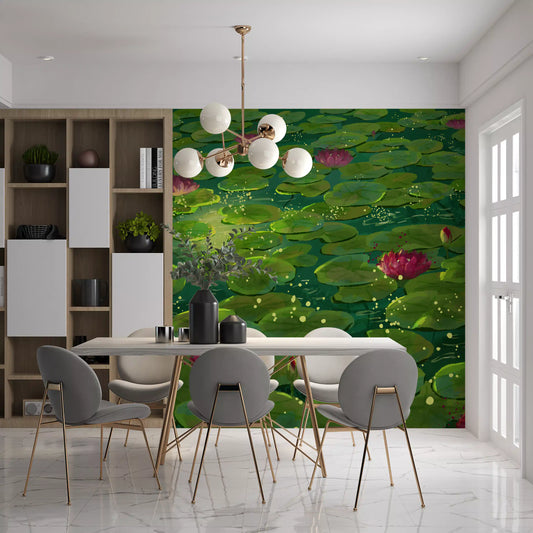 Green pads and pink lotus spread over a dining room, Lily Pond wall mural GD11509