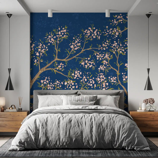 Navy ground and pink blossoms styling a bedroom, a floral wall mural GD11510
