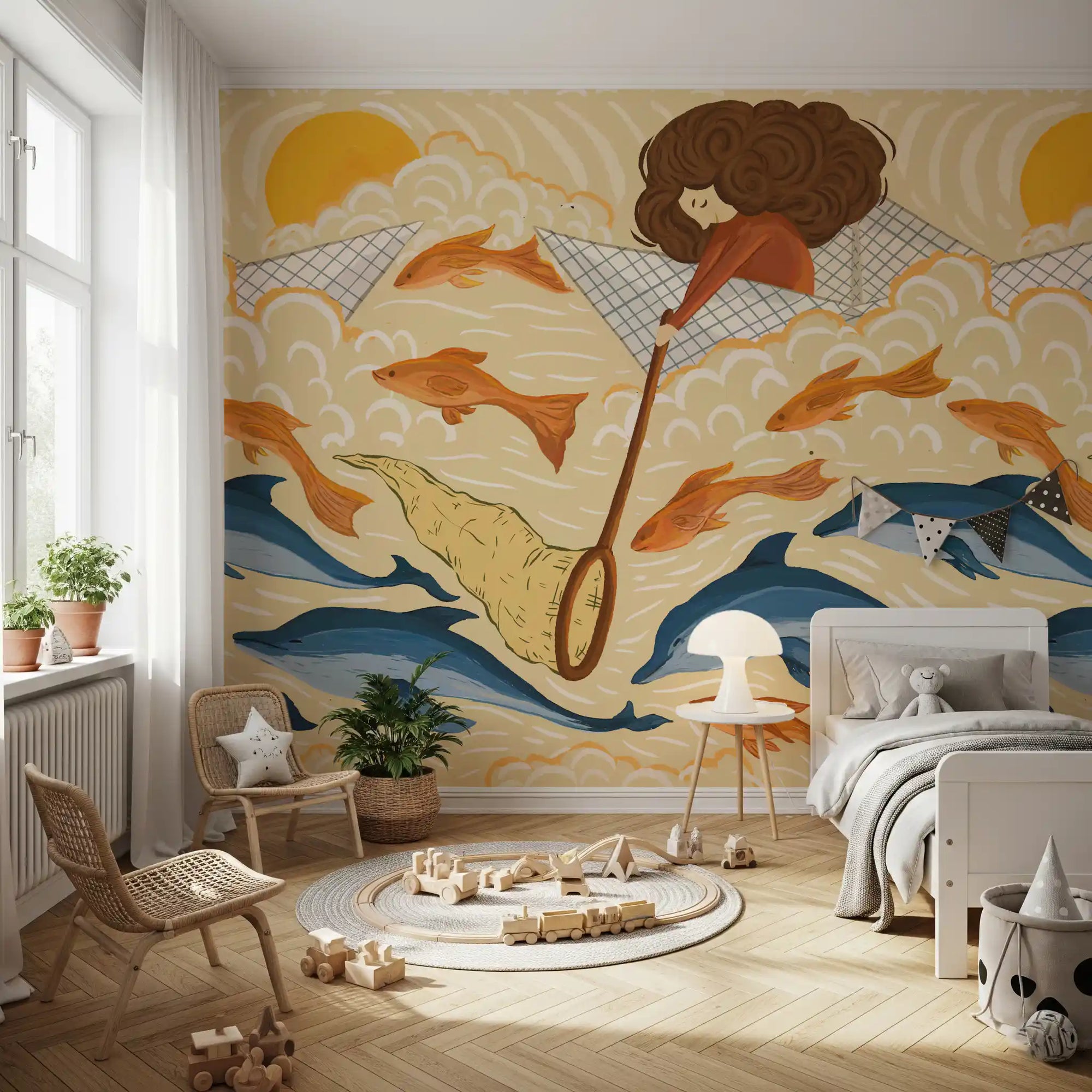 Chasing Dreams child and paper boat wall mural adding a feature to a bedroom GD11512
