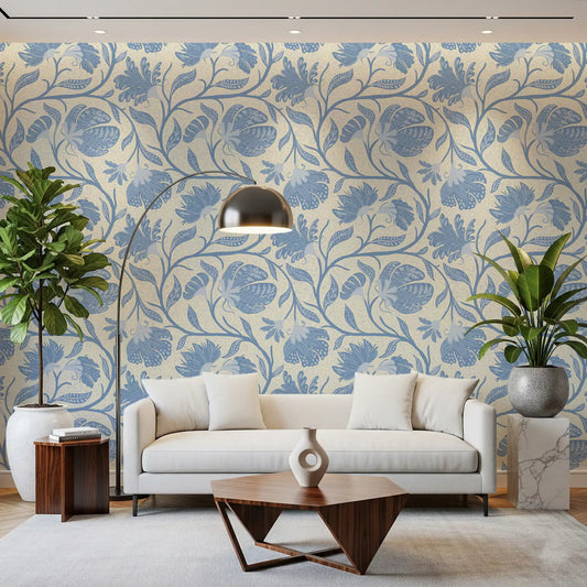 Carta da parati Trailing Indina Floral - Azzurro chiaro e beige