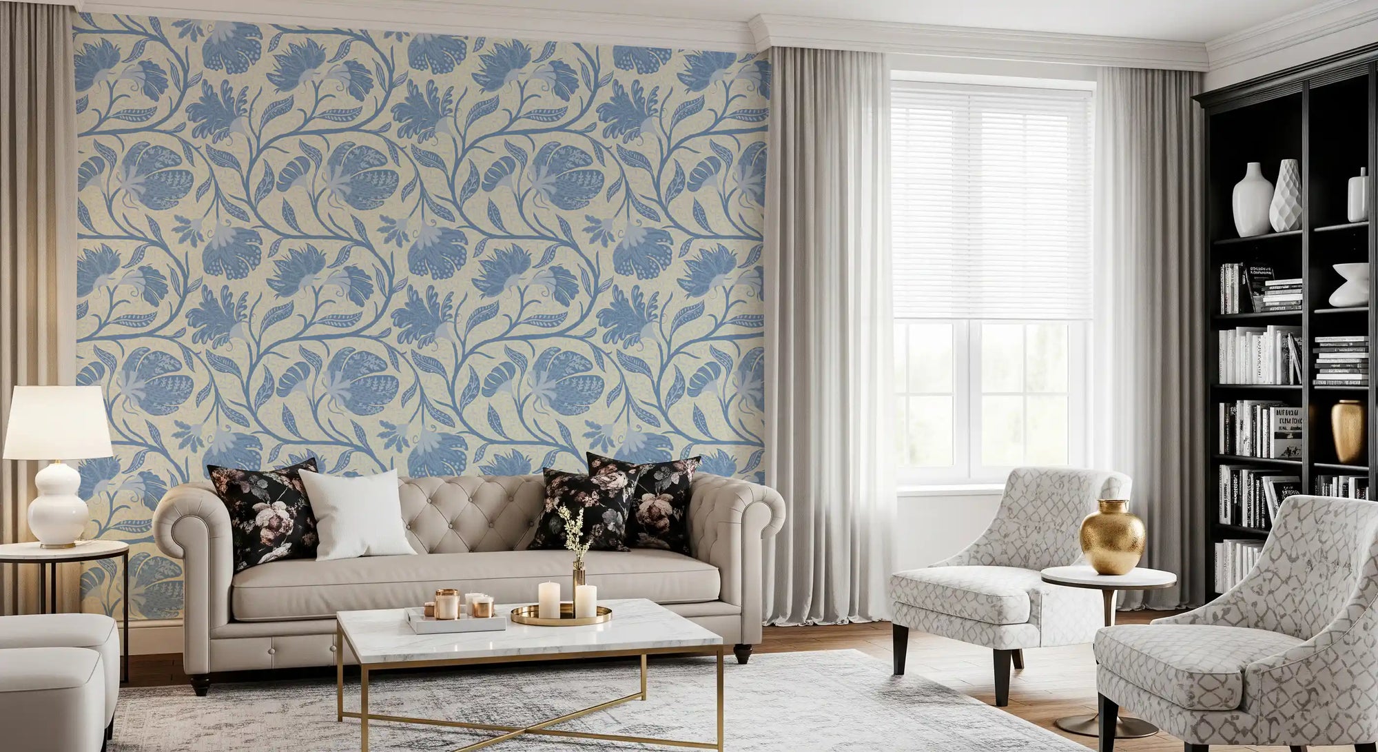 Light blue Indian floral wallpaper adding an elegant feature to a living room GD11513