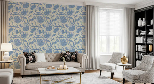 Carta da parati Trailing Indina Floral - Azzurro chiaro e beige