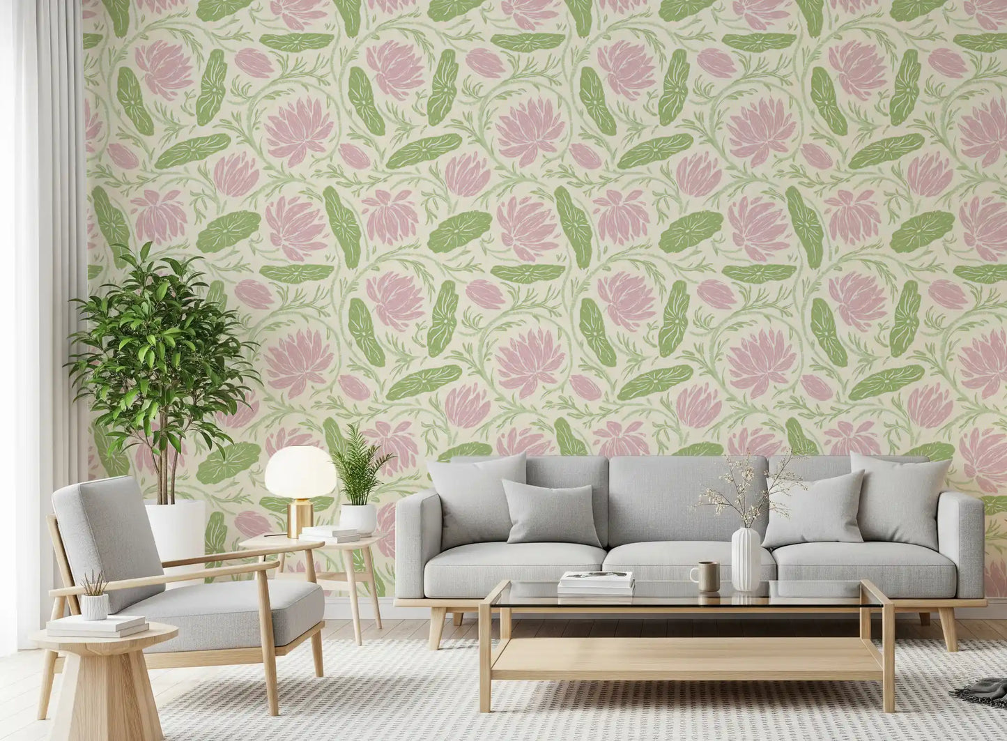 Lotus - Botanisk hengende vannlilje blomstermønster - Rosa og grønn tapet⁠