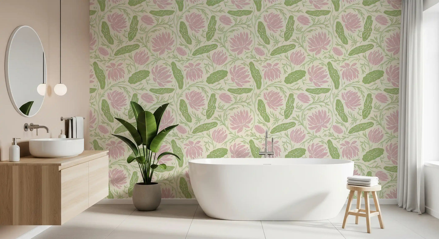 Lotus - Botanisk hengende vannlilje blomstermønster - Rosa og grønn tapet⁠