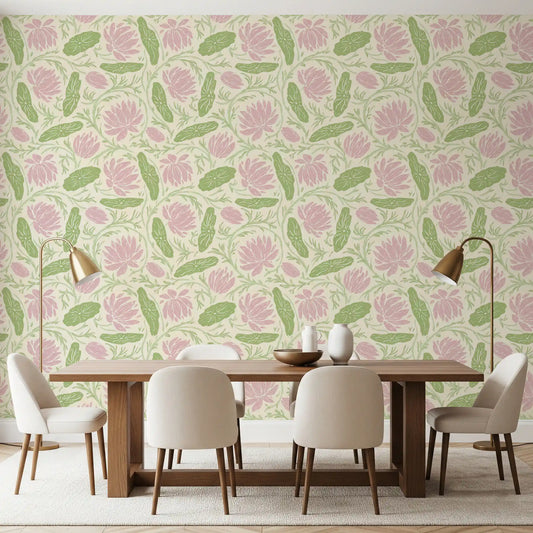 Lotus - Carta da parati botanica con stampa a blocchi di ninfea rampicante floreale rosa e verde⁠